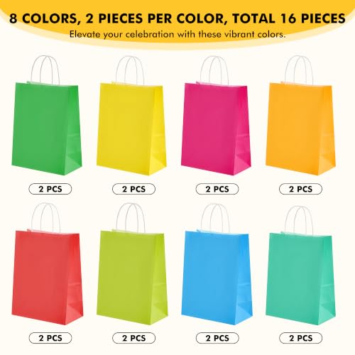 Image of RACETOP 16 Pack Kraft Paper Gift Bags with Handles, 8 Color | 8x4.5x10.8 in, kraft gift bags for birthday, baby shower, wedding, crafts, party, eco-friendly