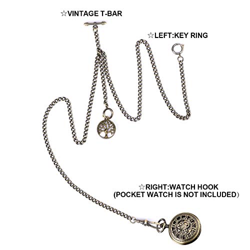 Sibosun Pocket Watch Double Albert Chain T Bar Watch Chain 3 Hook Antique Fob Curb Link Chain For Men With Life Tree Compass Wolf Shield Pendant Design (1.3 Life Tree Bronze) #TOP6