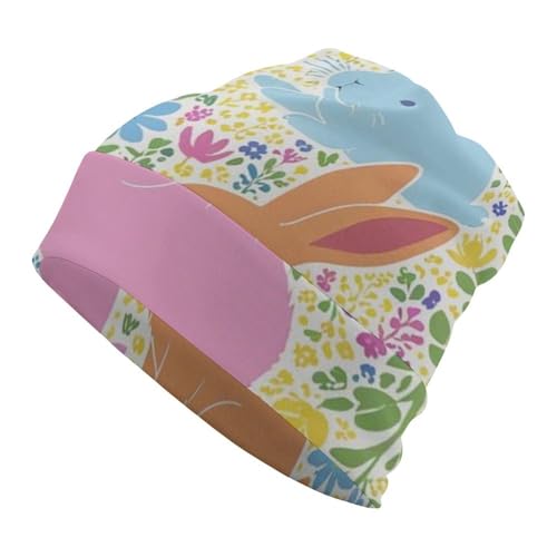 Fashion Beanie Hats with Adjustable Band Oversized Hat Cap Soft Touch Windproof Headwear Skull Cap for Skating Travel, Multifunctions Scarf Hat, Easter Rabbit Flower Art