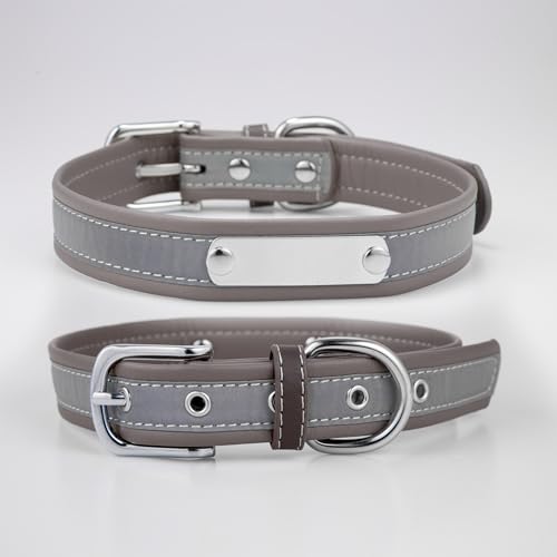 Reflektierend Halsband für Hunde aus Leder Personalisierte Hundehalsband mit Namen Gravur Dunkelblau Halsband mit Namenschild für den großen, mittleren Hund,Hundehalsbänder XL