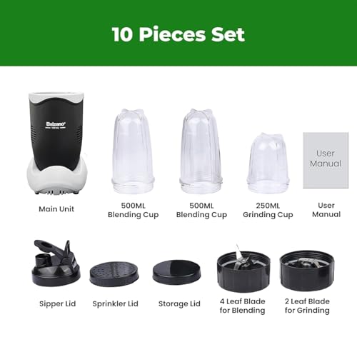 Image of Balzano Bullet Mixer Grinder 500W, 3 Jars-2 Blades, 3 Lids, Blender for Smoothies and Juices, Nutri Blender for Kitchen, Smoothie Maker, Italian Design, Made in India, Black