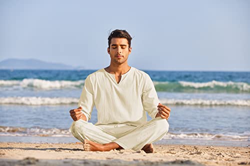 Coofandy Men's 2 Pieces Cotton Linen Set Henley Shirt Long Sleeve And Casual Beach Pants Summer Yoga Outfits #TOP6