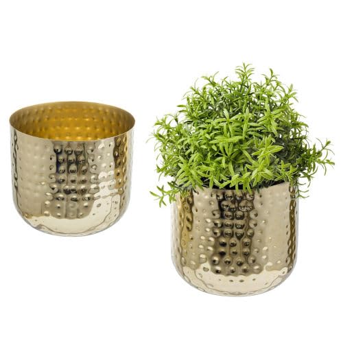 MyGift Modern Hammered Brass Plated Metal Planter Pots Set of 2 Indoor Plant Containers 6 & 5-Inch Cylindrical Metallic Planters Handcrafted in India