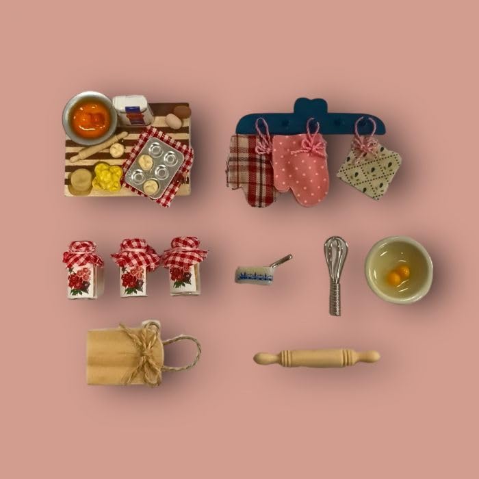 Dolls House Baking Accessory Set, 7 Pieces, Board, Rolling Pin, Jars, Bowl, Whisk, Chopping Board, Butter Dish, Oven Mitts - Image 2