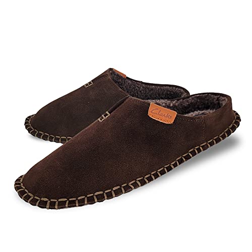 Image of Clarks Mens Open Back Suede Leather Slipper With Heavy Stitching - Plush Sherpa Lining - Indoor Outdoor House Slippers For Men (10 M US, DK. Brown)