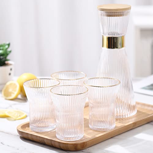 carafe tray - DUJUST Ribbed Glass Carafe Set, Elegant Water Carafe with Gold Decoration, 1 Crystal Glass Carafe with Lid (34oz), 4 Cups & 1 Tray, with Thickened Bottom, Food-Grade Silicone, Leak-Proof