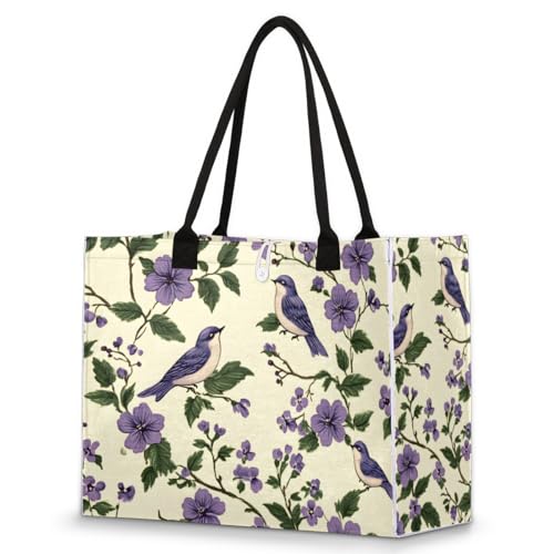 Purple Bird Floral Plant Tote Bag for Women Large Beach Bag Reusable Tote Bags for Work Travel Beach Shopping