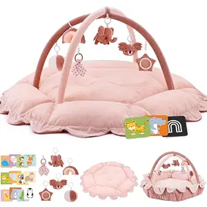 5-in-1 Baby Activity Gym & Play Mat with 6 Hanging Toys, Tummy Time Mat & Cards - Extra Large, Reversible Machine Washable Pad - Gift for Newborns, Infants 0-12 Months, Pink
