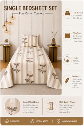 Image of RRC Floral Printed Bedsheet for Single Bed with Pillow Cover,60X90 Inches Single Bed Sheet, Elegant Bedroom Bedding, Comfortable Home Bedsheet, Pillow Cover Size 17 x 27 Inches