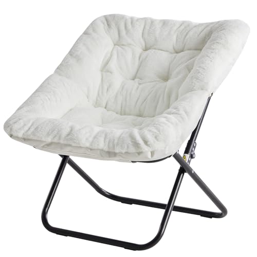 Simple Deluxe Oversized Square Moon Chair for Adults, Soft Faux Fur Folding Lounge Chair with Sturdy Steel Frame, Comfortable Reading Gaming Chair for Living Room, Bedroom, White