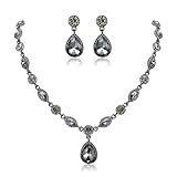 EleQueen Women's Wedding Bridal Jewelry Set for Brides Bridesmaids, Crystal Teardrop Necklace Dangle Earrings Jewellery for Party Prom Grey Color Black-Tone