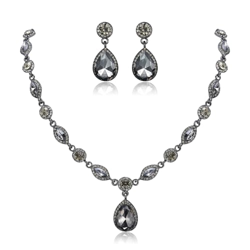 EleQueen Women's Wedding Bridal Jewelry Set for Brides Bridesmaids, Crystal Teardrop Necklace Dangle Earrings Jewellery for Party Prom Grey Color Black-Tone