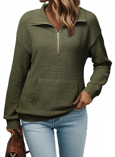 Dokotoo Womens Quarter Zip Pullover Oversized Sweatshirts Hoodies 2025 Fall Fashion Long Sleeve Sweaters Tops Shirts Outfits Clothes Green Large