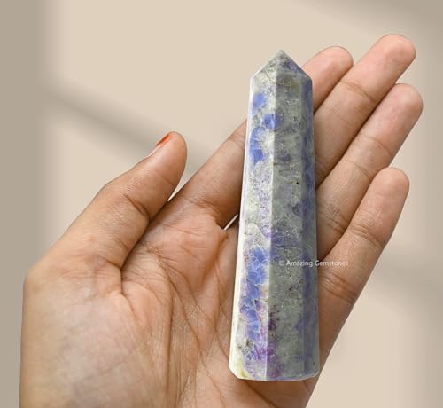 Image of Amazing Gemstone Hackmanite Fluorescent Sodalite Crystal Towers - Natural Healing Crystal Point Obelisk for Reiki Healing and Crystal Grid (3 inch to 4 inch INCH)