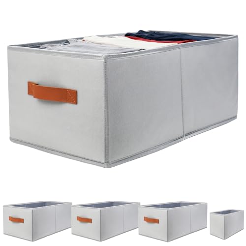ThreeHome 5 Pack Oxford Fabric Storage Bins, Sturdy Organizer Baskets | Large Closets Organizers & Storage with Special Small Underwear Organizer, Foldable Gray Clothes Storage Box with PU Handles