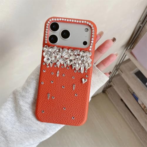 Coque iPhone 15 cuir paillettes orange protégeant l'écran et l'appareil photo des chocs