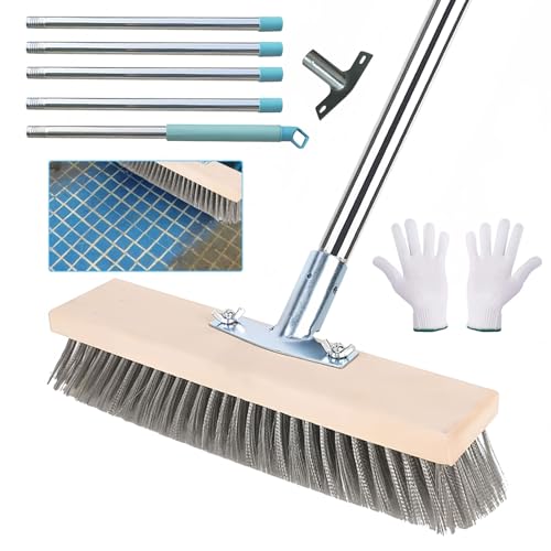 Balai en fil d'acier inoxydable robuste, 5 sections extensibles à long manche (180,3 cm), brosse à récurer pour terrasse, poils métalliques rigides pour enlever la mousse, nettoyer les joints de