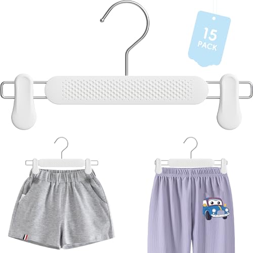 Plastic Skirt Pant Hangers with Clips for Women, Kids, Baby, Children, Toddler, Frosted Embossing Shorts Hanger Space-Saving with 360° Swivel Hook (15pcs White)
