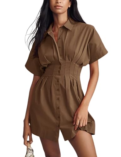 Ceputer Summer Button Down Shirt Dress for Women Short Sleeve Pleated Mini Dresses Causal A Line Flowy Corset Short Dress Brown