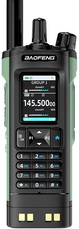 Front view of the BAOFENG DM-32UV radio displaying its screen and keypad.