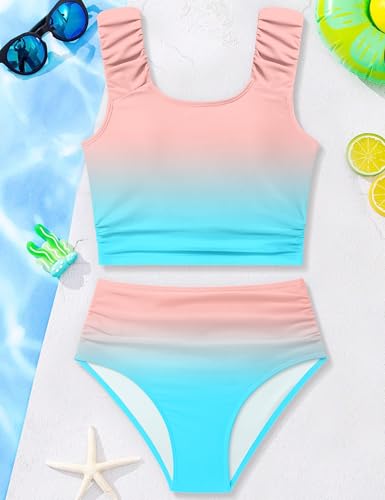 Image of Girls Tankini Swimsuit 2 Piece Bathing Suit Twist Cross Back Cutout Swim Tank Top Floral Print Swimwear for 7-18Y