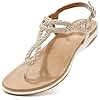 UBFEN Womens Flat Sandals Dress Braided T-Strap Thong Sandals with Arch Support ComfortAle for Walking A-Khaki Color Size US 7.5