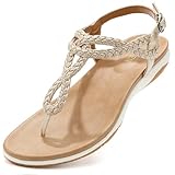 UBFEN Womens Flat Sandals Dress Braided T-Strap Thong Sandals with Arch Support ComfortAle for Walking A-Khaki Color Size US 9