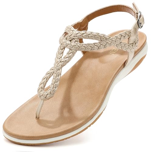 UBFEN Womens Flat Sandals Dress Braided T-Strap Thong Sandals with Arch Support Comfortable for Walking
