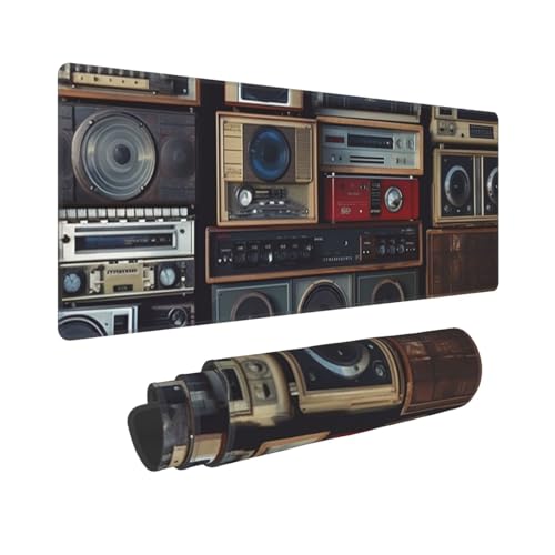 Large Gaming Mouse Pad with Non-Slip Rubber Base, Vintage Wall of Radio Boombox Mouse Mat with Stitched Edge, Extended Desk mat for Laptop Desk Pad 12x31.5, Desk Writing Pad for Office and Home