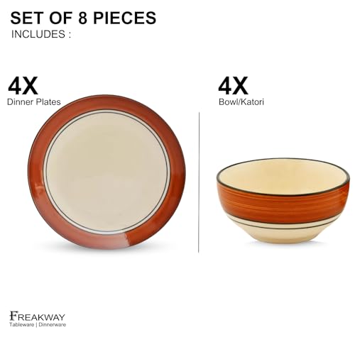 Image of Freakway Solid Glossy Finish Brown and White Handcrafted Dinner Set Ceramic Stoneware Dinner Set of 8 Pieces | 4 Dinner Plates & 4 Serving Bowl | Dishwasher & Microwave Safe - Multicolor