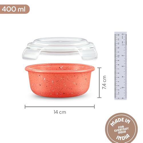 Image of Borosil 400 ml Kube Pink Food Storage Container with Air Tight Lid | Round Shape Borosilicate Glass Organiser | Microwave & Dishwasher Safe | For Fridge, Kitchen Storage