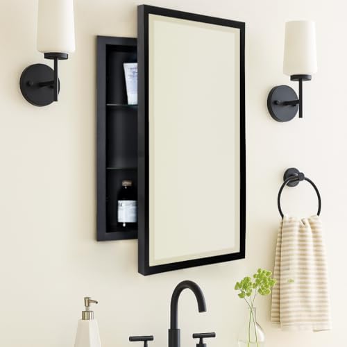 Image of TEHOME Black Metal Framed Recessed Bathroom Medicine Cabinet with Mirror Rectangle Beveled Vanity Mirrors for Wall 16 x 24 inches