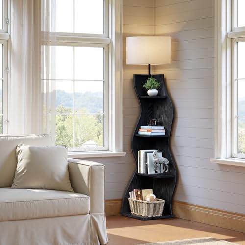 Image of Evermagin 4 Tier Corner Shelf with Light, 64'' Tall Corner Bookshelf with Unique Shape, Stylish Wavy Bookcase Tower with Storage Organizer for Small Space, Living Room, Bedroom (Black)
