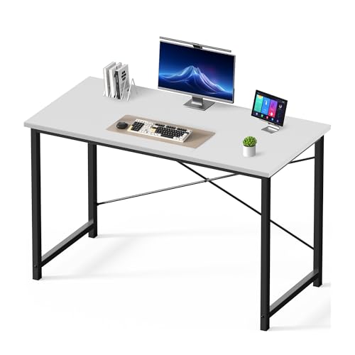 Image of DUMOS 47 Inch Computer Desk for Home Office, Modern Study Work Table Simple Modern Style for Bedroom Small Space, Writing Desks with X-Shaped Reinforcement, Wood White
