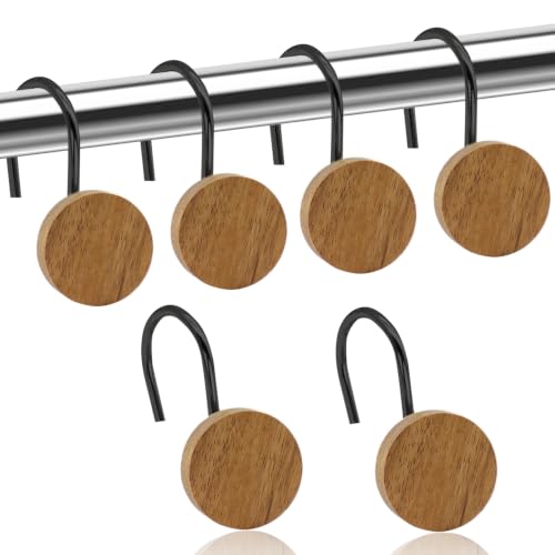 Shower Curtain Hooks, Wood Decorative Shower Curtain Rings, Modern Round Log Shower Curtain Hangers, 12PCS Shower Hooks for Shower Curtain Rod, Bedroom, Living Room (Black)