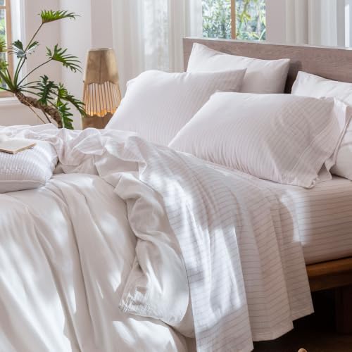 Image of MooMee Striped Sheet Set 100% Washed Cotton Linen Like Queen | Relaxed Linen-like Texture. Soft, Breathable & Lightweight Comfort. 15-19 inch Extra Deep Pocket with All-around Elastic