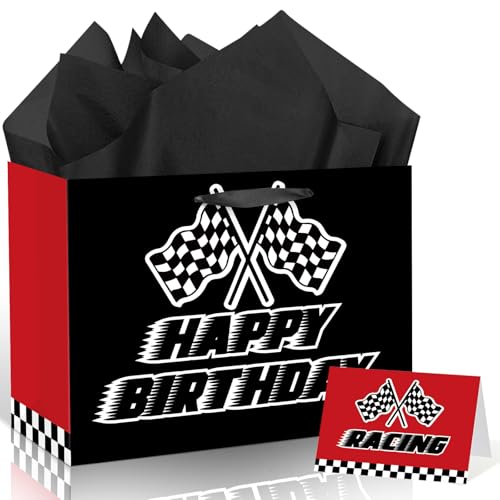 Racing Happy Birthday Gift Bag for Boys Large Black and Red Race Car Party Gift Bag with Tissue Paper and Greeting Card Checkered Flag Speed Theme Birthday Gift Wrap Bag for Kids Teens Men