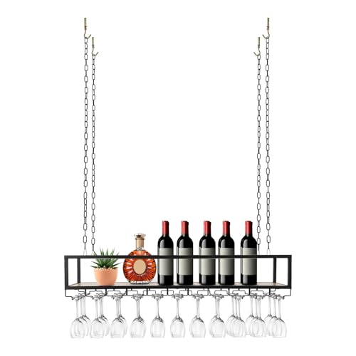 QIERF Étagère de plafond - Étagère à vin flottante - 2 couches - Porte-bouteille de vin industriel - Étagère de plafond en métal noir pour bar café cuisine (noir, 110 x 25 x 22 cm)