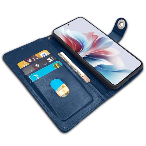Image of Pikkme Oppo F25 Pro 5G Flip Cover Leather Finish | Inside TPU with Card Pockets | Wallet Stand and Shock Proof | Complete Protection Button Flip Case (Blue)