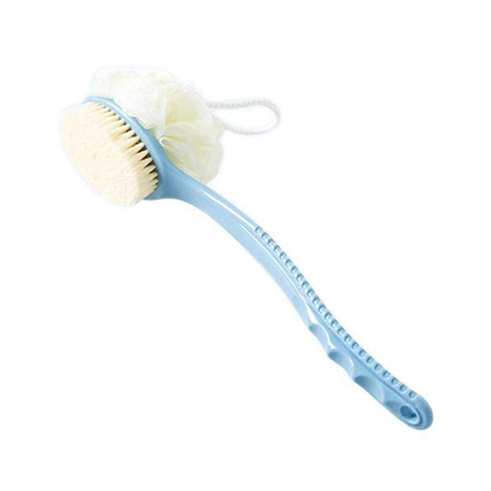 Decororama Bath Brush with 2-in-1 Bristles and Loofah, Shower Brush Back Scrubber, Shower Body Brush with Curved Long Handle, for Wet or Dry, Men and Women, Blue (Pack of 1)