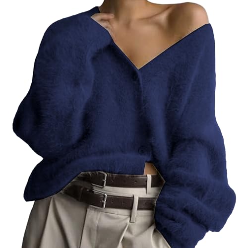 Image of Women's Fuzzy Cardigan Sweater Slouchy Fluffy Loose Button Furry Knit Sweaters V-Neck Spring Soft Fur Sweater Coats Navy Blue