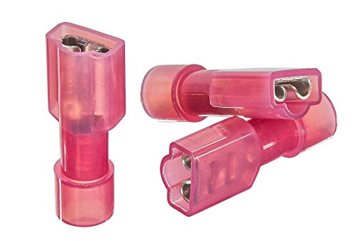 100 PCS Red Female Nylon Disconnect Spade Terminal, 22-16 Gauge, Fully-Insulated Crimp Connector for Marine & Automotive Use - 0.187