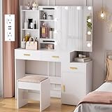ANWBROAD Vanity Desk White Vanity Table Set with Sliding Mirror and LED Lights 40.6' with 3 Drawers & Charging Station 3 Light Modes Dressing Table for Bedroom Cushioned Stool White UBDT54W