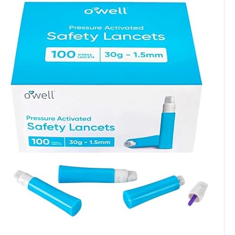 OWELL Pressure Activated Safety Lancets for Diabetes Testing, Disposable Pressure Lancets with a Twist-Off Lid, Diabetic Lancet Device with Preloaded Sterile Needles, 30g - 1.5mm, 100 Count Cover