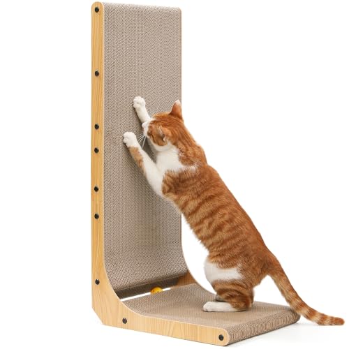 FUKUMARU Cat Scratcher, 83cm L Shape Cats Scratch Pad Wall Mounted, Cat Scratching Cardboard with Ball Toy for Indoor Cats, Extra Large