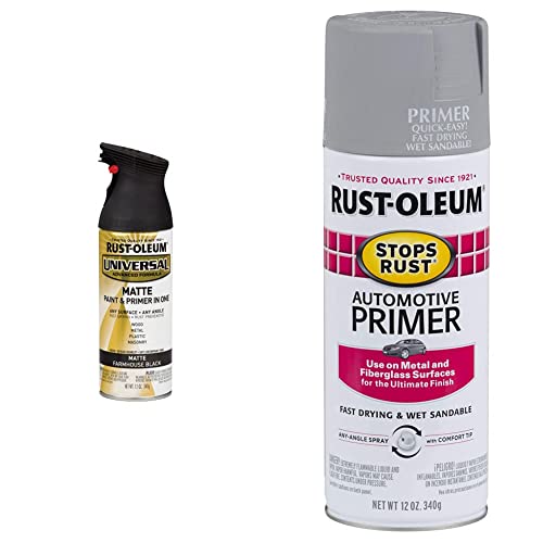 Rust-Oleum 330505 Universal All Surface Spray Paint, 12 oz, Matte Farmhouse Black & 2081830 Stops Rust Automotive Primer, 12 Ounce, Light Gray, 12 Fl Oz