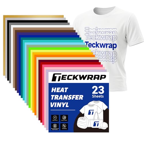 TECKWRAP Heat Transfer Vinyl Sheets - 12 x 12 HTV Iron on Vinyl Sheets for T-Shirts, Clothing, and Fabrics 23 Pack for All Cutter Machine - Easy to Cut & Transfer DIY Projects