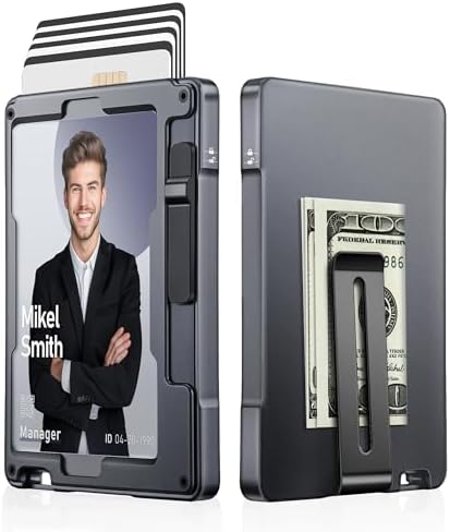 umoven Minimalist Wallet for Men, Slim Aluminum Metal Money Clip Card Holder, Pop-Up Card Case, RFID Blocking Mens Wallet with ID Window, Front Pocket Wallet for Men (Grey)