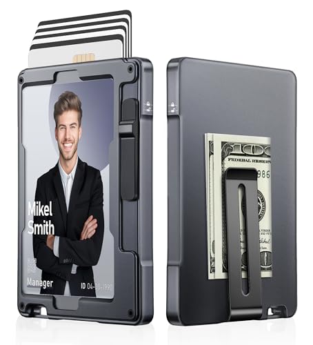 Image of Minimalist Wallet for Men, Metal Money Clip, Pop-Up Card Holder (Grey) | Slim Aluminum Card Case, RFID Blocking Mens Wallet, with ID Window, Front Pocket Wallet for Men, gift for men