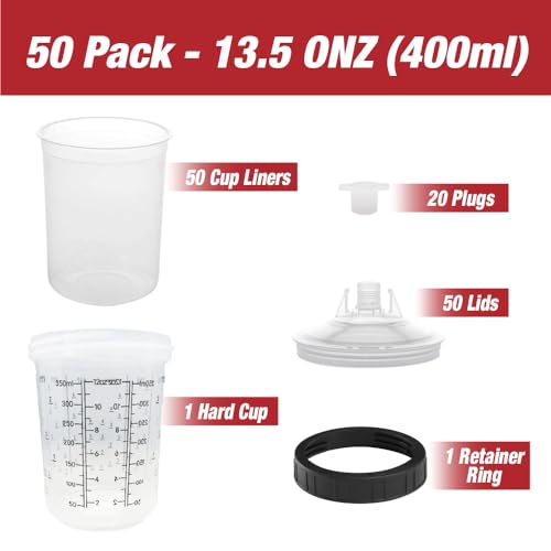 Image of LAUCO Disposable Spray Gun Paint Cups Kit - 50 Pack Liners & Lids with 125 Micron Strainer, Hard Cup, Retainer Ring & Plugs (400ml /13.5oz Kit)